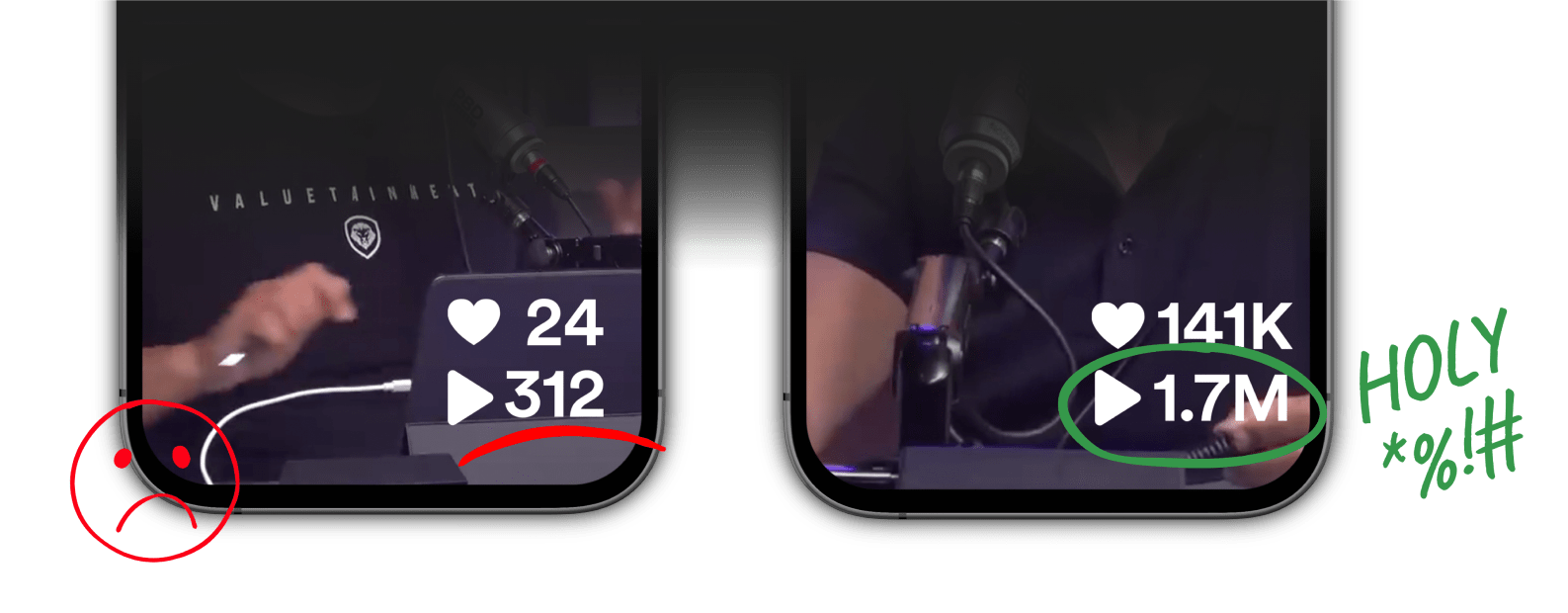 Two phones showing the difference in the number of likes and views, before and after working with ViewMovement